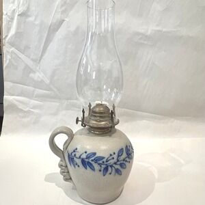 Salmon Falls Stoneware Kerosene Oil Lamp & Chimney Blueberry Vine Signed 1999